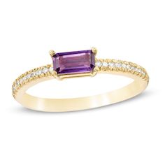 Dress her finger with this stackable gemstone and diamond ring. Fashioned in warm 10K gold, this refreshing design showcases a 6.0 x 3.0mm baguette-cut bright purple amethyst. A graceful touch, shimmering diamonds line the shank. Captivating with 1/10 ct. t.w. of diamonds and a brilliant buffed luster, this ring is certain to create a vibrant sensation. Galaxy Ring, 10k Gold Ring, Jewelry Post, Amethyst Gold, Amethyst Jewelry, Bright Purple, Purple Stones, Small Rings, Stackable Ring