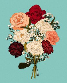 a bunch of flowers that are on top of a blue background with white and red flowers