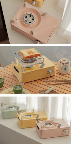 three different views of food and utensils on a table