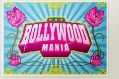 the hollywood mania sign with pink flowers on blue and yellow background framed in white frame