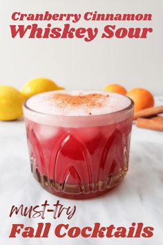 cranberry cinnamon whiskey sour recipe with text overlay