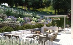 an artist's rendering of a patio with furniture and landscaping in the background,