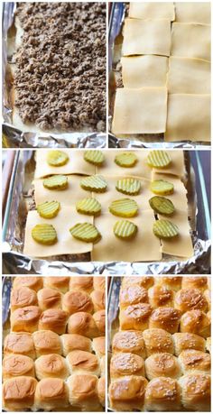 the steps to making sandwiches with pretzels and other toppings are shown in this collage