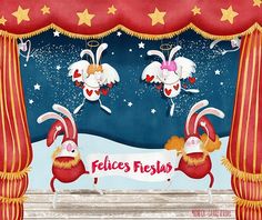 an illustration of two rabbits on stage with the words felices fiestas written below them