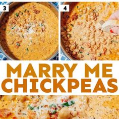 the steps to make marry me chickpeas casserole are shown in three pictures