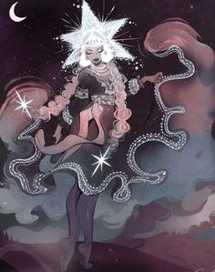 a drawing of a woman with white hair and stars on her head, standing in the sky