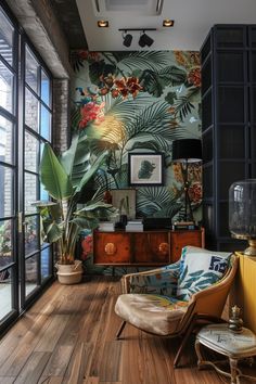 a living room filled with furniture and lots of plants on the wall next to large windows