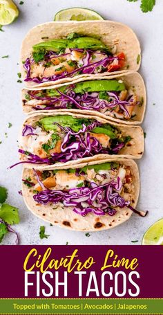 three fish tacos with cole slaw and cilantro lime on the side