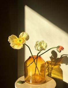 three flowers are in a glass vase on a small white table next to a shadow cast wall