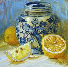 a painting of lemons and a vase on a table with blue paint behind it