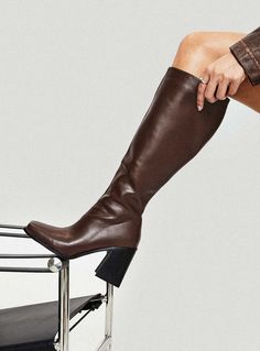 Faux leather knee-high boot  Square toe, block heel, zip fastening at side, padded footbed  Upper: PU, lining: lycra & textile, outsole: TPU  Heel height: 9cm / 3.5in Knee High Boots Brown, Brown Knee High Boots, Boots Square Toe, Knee High Leather Boots, Boots Brown, Brown Shoe, Heeled Loafers, Platform Boots, High Heel Boots