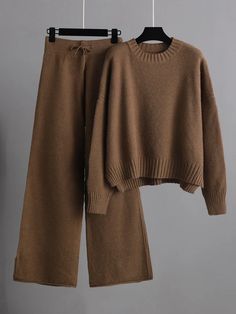 Urban Loose Long Sleeves Solid Color Round-Neck High-Low Sweater Tops & Wide Leg Pants Suits Wide Leg Pant Suit, Work Pants Women, Outfit Autumn, Loose Fit Sweater, Outfit Halloween, Casual Chique, Sweater Tops, Dress Suit, Inspo Outfit