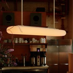 a light hanging over a kitchen counter next to a flower vase and potted plant