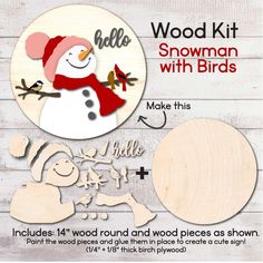 wood kit with snowman and birds for making christmas decorations, including cutout shapes