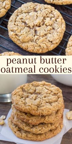 peanut butter oatmeal cookies are stacked on top of each other with the words,