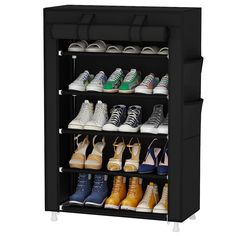 the shoe rack is filled with many pairs of shoes and has multiple compartments for each pair