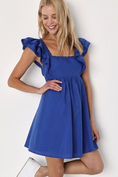 Winter Formal Dress Blue, Lds Hoco Dresses, Blue Dresses Summer, Semi Formal Sorority Dresses, Ruffle Top Dress, Royal Blue Sundress, Cute Mini Dresses Formal, Where To Buy Dresses Online, Modest Short Dresses