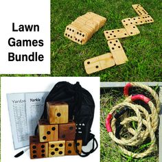 several different games including wooden dominos, rope and bag on the grass with text overlay that reads lawn games bundle