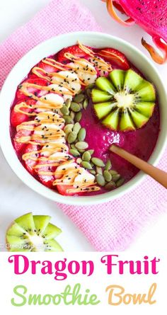 dragon fruit smoothie bowl with kiwis, bananas and other fruits in it