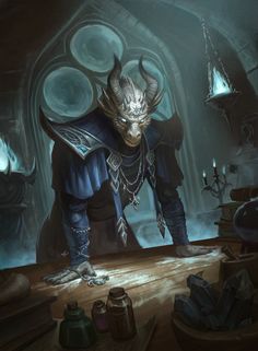 an image of a demon with horns on his head standing next to a table full of items