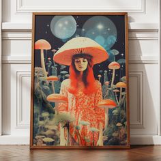 a painting of a woman with long red hair standing in front of mushrooms