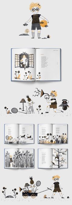 an open book with illustrations on the pages and in front of it, there are many different