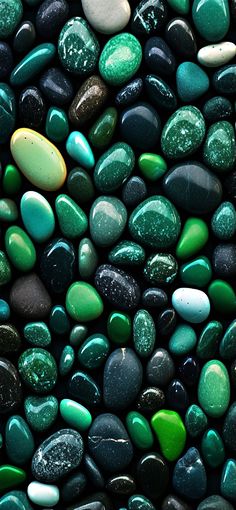 green and black rocks are arranged together in a pattern on the surface, with white dots at the top