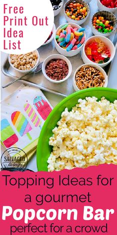 popcorn bar with free printable idea list for kids to eat and have fun on the go