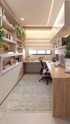 an office with wooden desks and shelves filled with plants