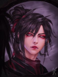 a digital painting of a woman with black hair and red eyes looking at the camera