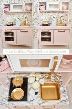 this dollhouse kitchen has pink cabinets and gold accessories