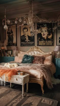 a bedroom with posters on the wall and an old bed in front of it,