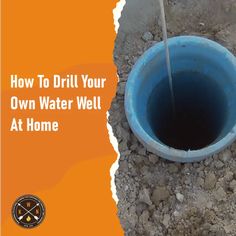 a blue bucket filled with water sitting on top of a dirt ground next to a pipe