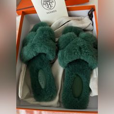 Brand New Never Worn With Receipt And Dust Bag And Box Hermes Sandals Fur, Hermes Slides, Shearling Sandals, Fuzzy Sandals, Hermes Sandals, Hermes Oran Sandals, Red Leather Sandals, Hermes Shoes, Hermes Oran