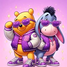 winnie the pooh and piglet are dressed up in purple outfits, with sunglasses on