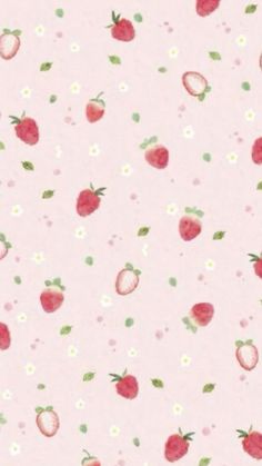 a pink wallpaper with strawberries and daisies on the bottom right hand corner