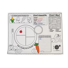 an activity mat with pictures and words to help children learn how to eat the food