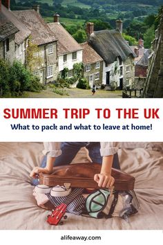 a person holding a suitcase with the words summer trip to the uk written below it