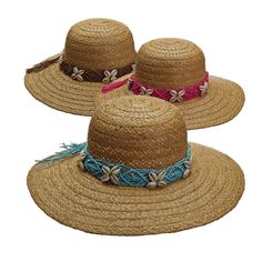 Handmade hats designed by John Callanan. Braided raffia capeline -floppy- hat. Macrame band with shell accent. Inner drawstring to adjust fit. One size fits most. 100% raffia Straw Beach Hat For Vacation, Straw Hat For Beach Vacation, Beachy Straw Hat For Beach Vacation, Vacation Beachwear Straw Hat, Brimmed Straw Hat For Beach Season, Brimmed Boater Hat For Beach Vacation, Beachy Wide Brim Boater Hat For Beach Season, Sun Straw Hat For Beach Vacation, Vacation Boater Hat With Curved Brim For Beach