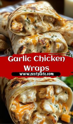 chicken wraps with melted cheese and vegetables on them