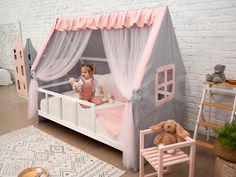 ✯ PRICE is for a Set of Wooden Bed with Legs & Slats and Princess Palace Canopy Tent in Grey and Pink Color ✯ The USA Twin 75x38" bed is shown in the photo of the listing. NOTE Mattress and bed bed linen are not included in the price The parameters you have chosen represent the mattress size, but the bed size will be larger than these dimensions. If you need to know the bed size, please send a message in private. We recommend using mattress with a thickness of 20 cm / 7,9 in. The maximum weight Montessori, Toddler Play Tent, Bed With Legs, Bed Montessori, Montessori Climbing, Castle Bed, Montessori Bedroom, Princess Palace, Kids Indoor Playground