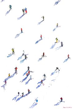 an aerial view of people skiing down a hill