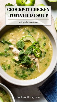 Crockpot Chicken Tomatillo Soup in a bowl. Tomatillo Stew, Tomatillo Soup, Soup Lasagna, Tomatillo Chicken, Tomatillo Recipes, Mexican Soup, Soup And Stew, Chicken Soup Recipes, Fresh Fish