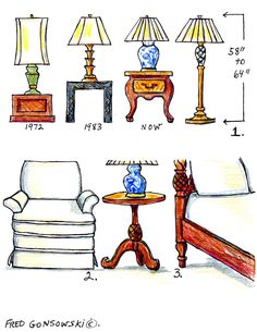 an image of living room furniture and lamp set drawing by hand with colored pencils