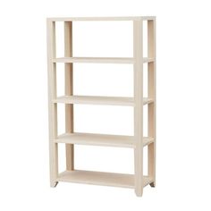 a white book shelf with four shelves on each side and one section missing from the top