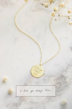 Gold Handwritten Pendant, 9K 14K 18K Yellow Gold Necklace, Engraved Disc Charm, Personalized Jewelry, Custom Disc, Handwriting Gift For Her by TalesInGold on Etsy https://www.etsy.com/listing/707701133/gold-handwritten-pendant-9k-14k-18k Custom Handwriting Gifts, Handwriting Gifts, Paw Print Bracelet, Paw Print Necklace, Name Necklaces, 14k Yellow Gold Necklace, 18k Gold Necklace, Rose Gold Bracelet, Pet Necklace