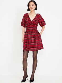 Waist-Defined Mini Dress | Old Navy 90s Holiday Outfit, Christmas Dress Ideas, Christmas Red Dress, Christmas Dress Outfit, Summer Mini Dresses, Plaid Christmas Dress, Laundry List, Mini Dress Red, Red Plaid Dress