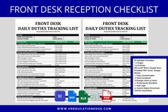 the front desk receipt checklist is shown