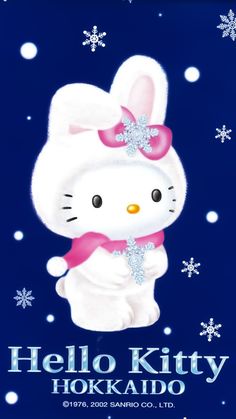 a hello kitty poster with snowflakes on the background and an image of a bunny