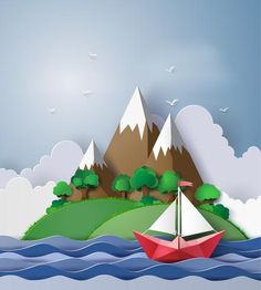 an origami boat floating on the water with mountains in the background